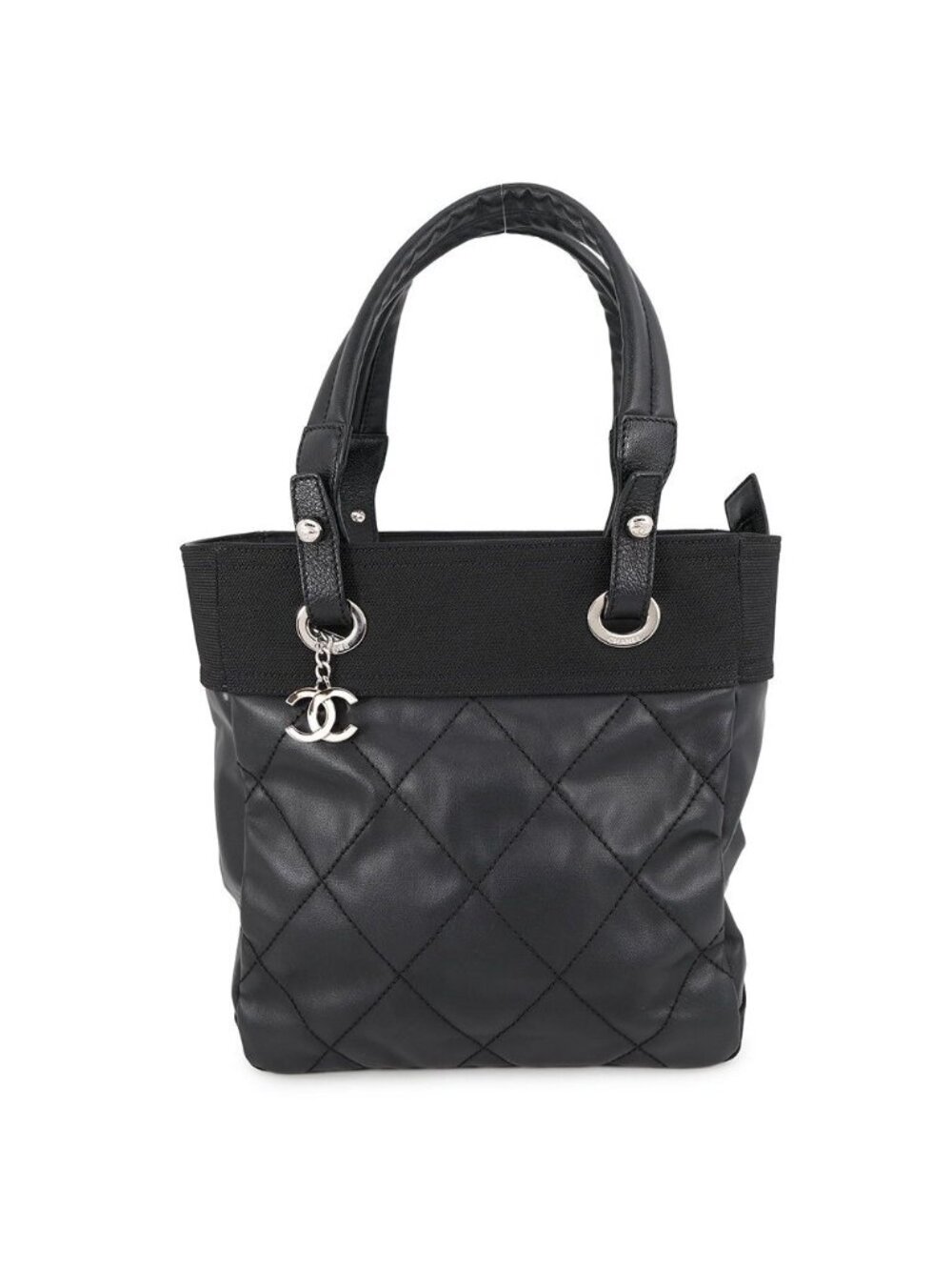 Chanel Tote Bag Paris Biarritz PM Quilted CC Logo Black